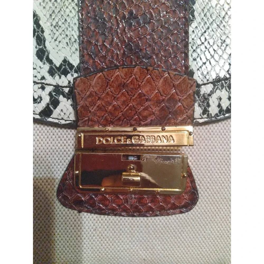 DOLCE &‎ GABBANA Snakeskin Print Satchel Handbag Brown Trim Card Case